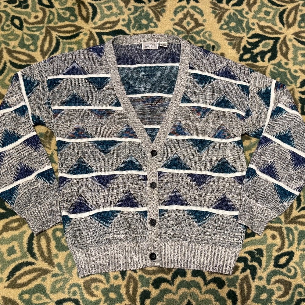 Vtg 90’s Method Geometric Acrylic Cotton Grandpa Button Cardigan Sweater XL Tall
